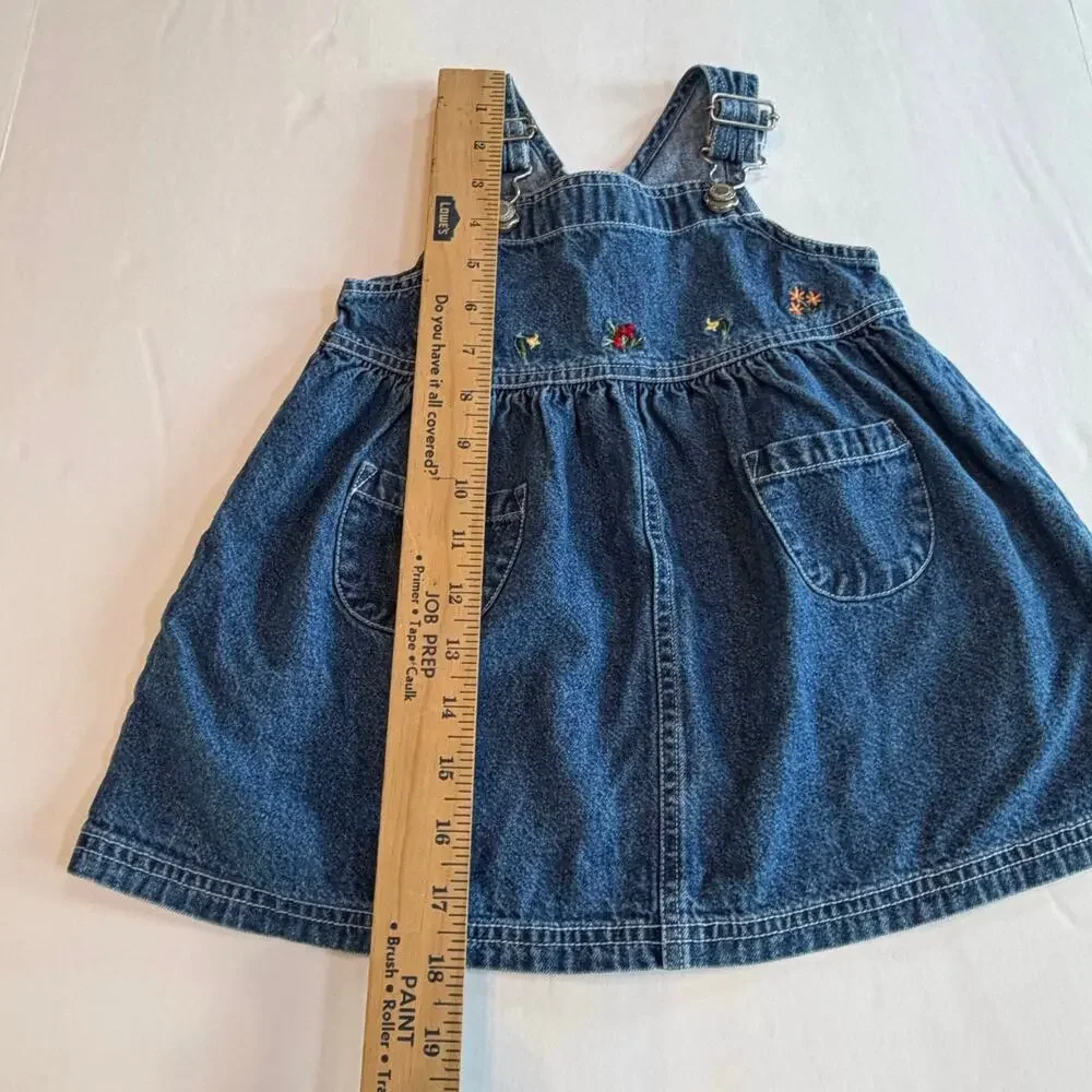 VTG 90s Gymboree Autumn Berries Blue Jean Denim Overall Dress Floral Embroidery